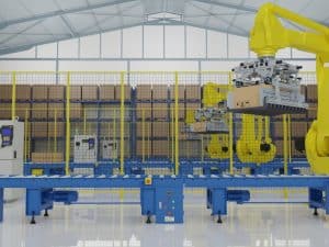Automated machinery in a floor storage warehouse handling boxes efficiently. Robust flooring supports heavy equipment.